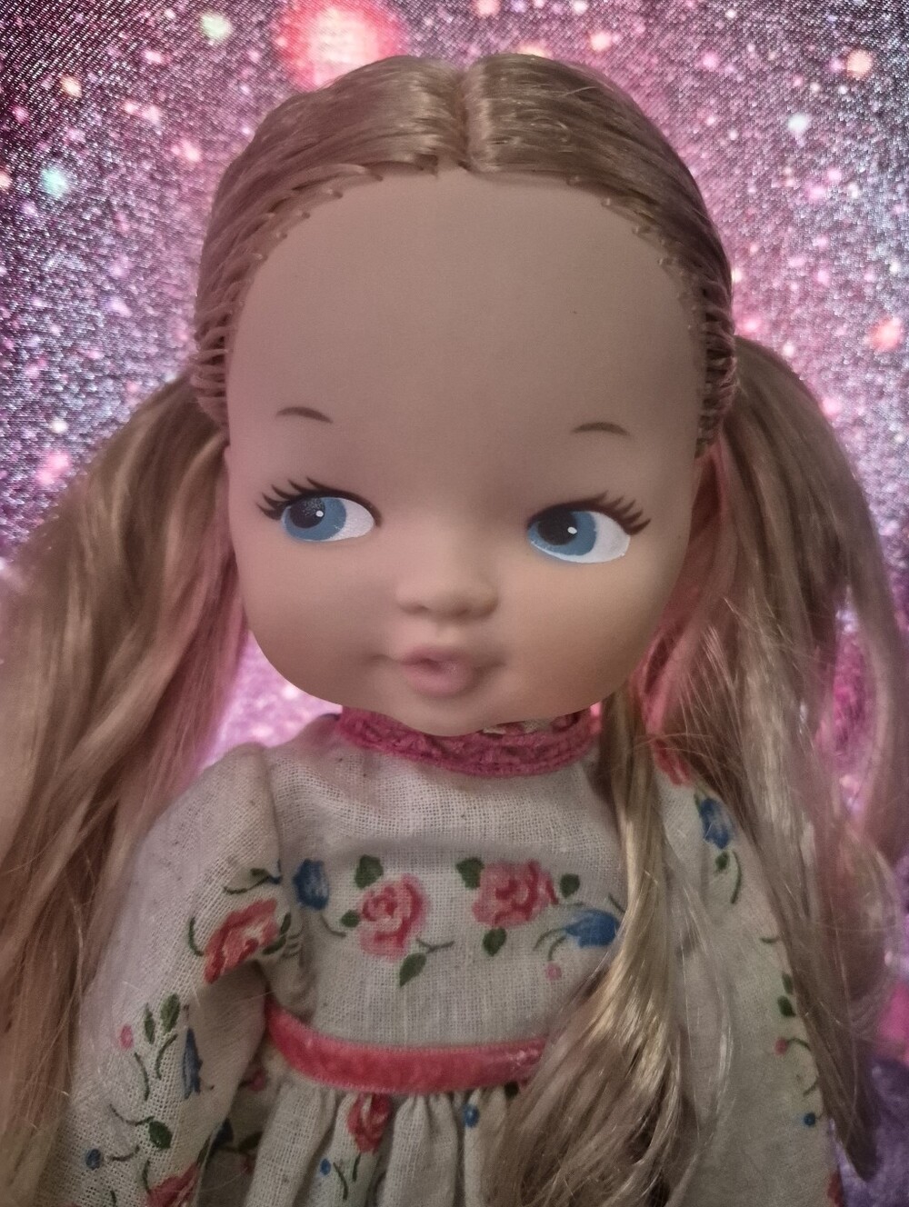 Vintage Italian Doll Blonde Pigtails Soft Body Floral Dress Cottagecore